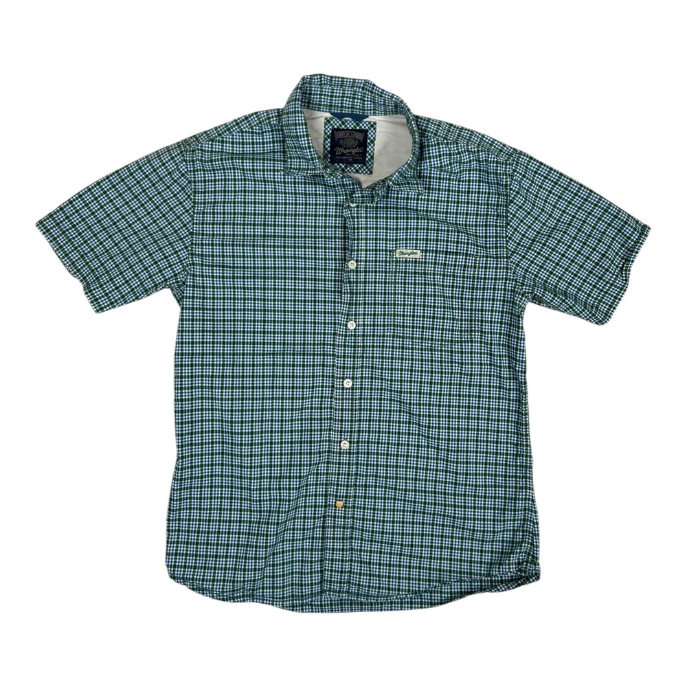 Vintage Wrangler Western Short Sleeve Button Up Shirt Size M/L Blue Green READ